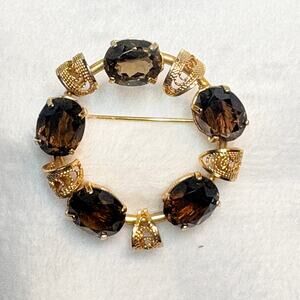 Vintage Topaz Glass Circle Brooch • Gold‑Tone Mid‑Century Pin